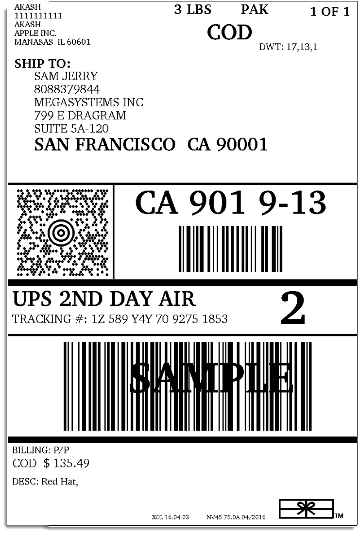 Printable Ups Shipping Label